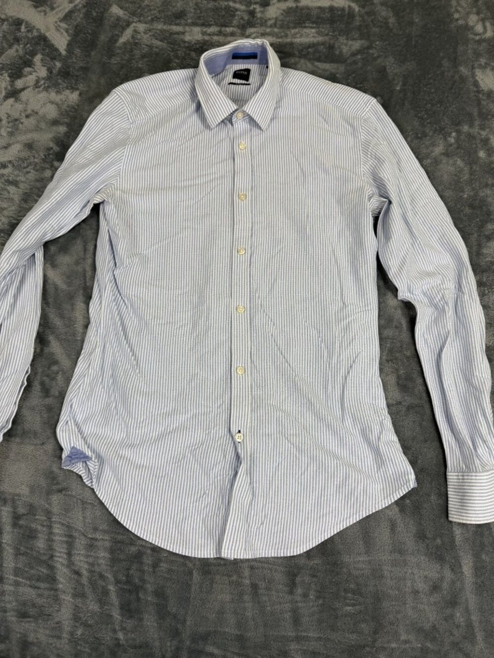 Hugo Boss Mens Blue & White Striped Slim Fit Button-Up Dress Shirt L